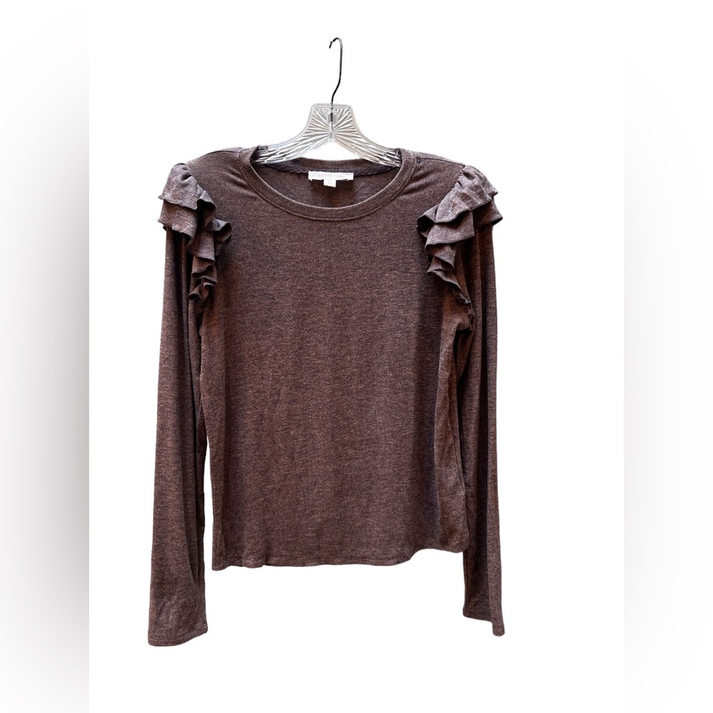Shabby Chic Long Sleeve Top Grayish Blue with Ruffled Shoulders M